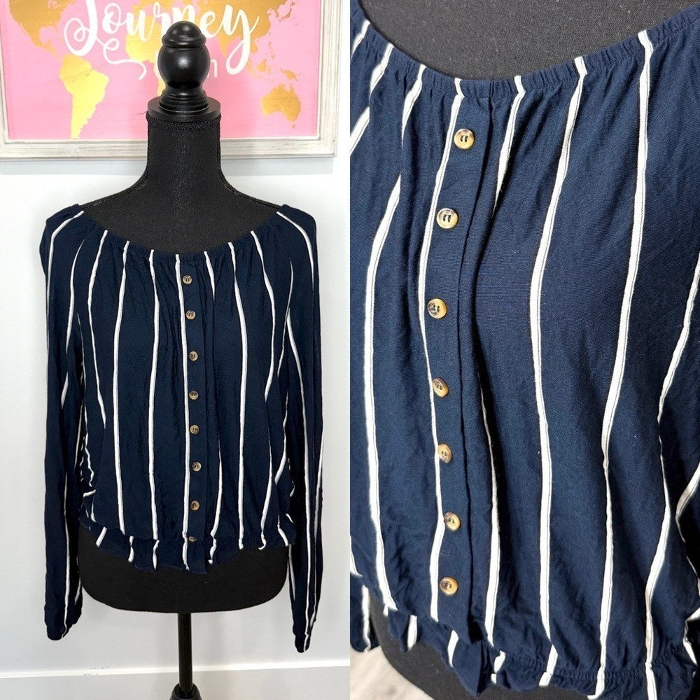 H&M Striped Off the Shoulder Sheer Long Sleeve Top (M)